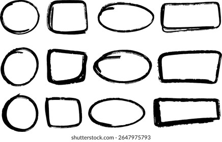 Doze círculos e quadrados desenhados à mão. Ilustração de conjunto de vetores