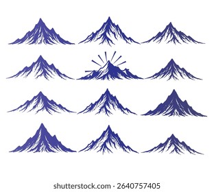 Twelve hand-drawn mountain peak illustrations, perfect for logo design, outdoor branding, or travel themes.