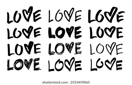 Twelve handwritten inscriptions - Love with a heart instead of the letter V. Doodles and squiggles. Vector set