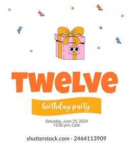 Twelve Happy Birthday party invitation in retro groovy style. Funky walking character and number 12. Vintage mascot psychedelic smile. Vector illustration 