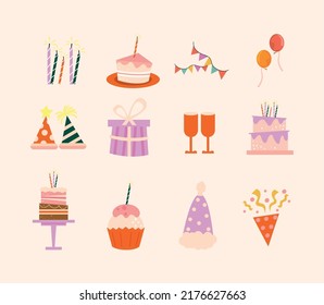 twelve happy birthday set icons