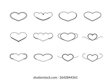 Twelve heart shapes with scalloped, beaded, or wavy borders are arranged on a white background, creating a pattern of love and design.