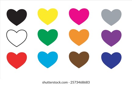 Twelve of hearts of different colors. Set black, white, red, yellow, green, blue pink, orange, brown, grey, purple