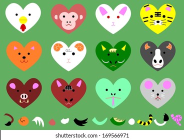 twelve heart-shaped animals of the zodiacal signs