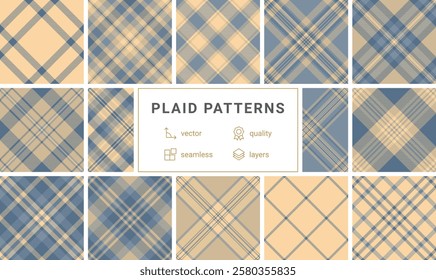 Twelve highquality seamless plaid patterns in muted blue and beige tones.  Perfect for textile design, apparel, web backgrounds, and scrapbooking. Vector files included for easy scalability.