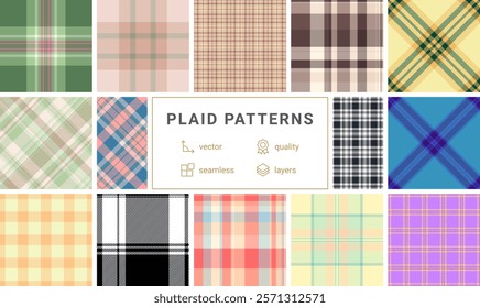 Twelve highquality vector plaid patterns. Seamless textures in various colors and styles, perfect for fashion, textile, web design, and more.  Easily layered and editable.