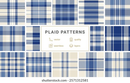 Twelve highquality vector plaid patterns in blue and cream.  Seamless designs, perfect for fabric, apparel, or website backgrounds.  Layered for easy editing. Ideal for autumn or winter projects.