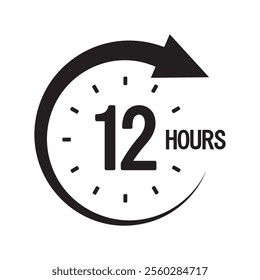 Twelve hours icon. Countdown timer graphic. Black circular arrow. Vector clock symbol.