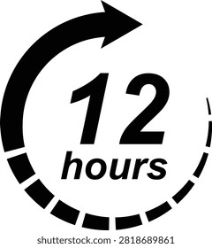 Twelve hours left countdown timer icon with clock arrow for limited time offer, promotion sale badge, 12 hours remaining time indicator label for e-commerce marketing and social media advertising.