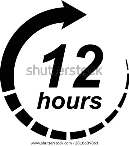 Twelve hours left countdown timer icon with clock arrow for limited time offer, promotion sale badge, 12 hours remaining time indicator label for e-commerce marketing and social media advertising.