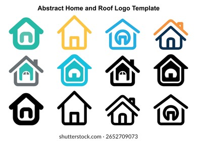 Doze ícones de casas exibem uma variedade de formas e cores mínimas contra um pano de fundo branco limpo, mostrando desenhos de casas modernos e abstratos com linhas simples e formas geométricas.
