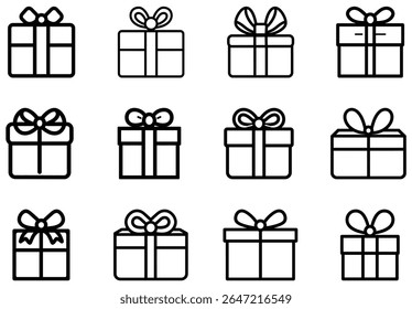 Zwölf Symbole stellen Geschenkboxen dar, die jeweils als einfacher Umriss mit verschiedenen Bögen-Stilen auf der Oberseite dargestellt sind, die in Reihen auf einem sauberen, transparenten Hintergrund angeordnet sind.