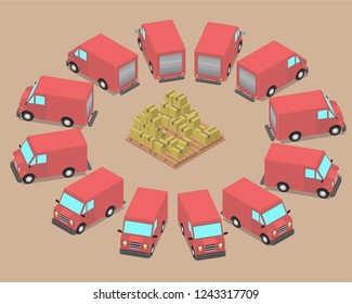 Twelve identical cars are parked around the boxes. Delivery vans waiting to be loaded.