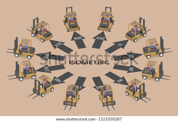 Twelve identical forklifts in isometric. Loader\
in different angles.