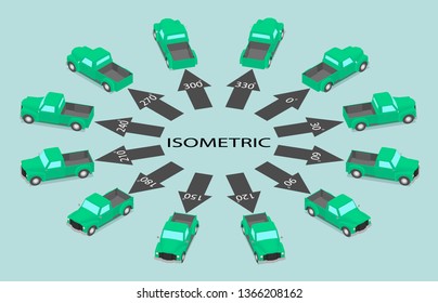 Twelve identical retro pickups on the background of arrows. Parked green cars in different angles.