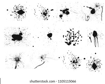 Twelve Ink blots background. Black paint splatter, dirty. Hand drawing. Vector illustration Isolated on white background