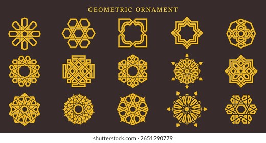 Doze intrincados padrões de ornamentos geométricos amarelos exibidos em um fundo preto, apresentando desenhos simétricos e decorativos.