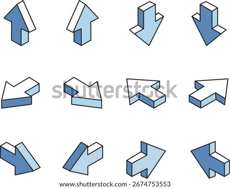 Twelve isometric 3D arrows in shades of blue and white, pointing in various directions, arranged in a grid.