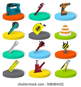 Twelve isometric industrial, building, construction tools collection. Flat isometric style vector illustration