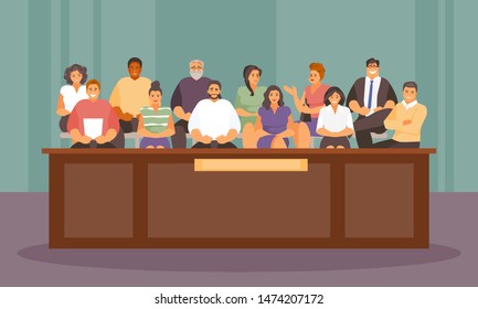 Twelve jurors in the courtroom. Vector illustration