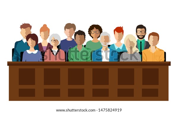 Twelve\
jurors sit in a jury box at a court trial,  vector illustration.\
Jury in court trial vector illustration. People in judging process,\
sittingin jury box, isolated on white\
background