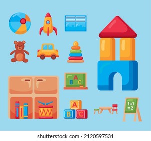 twelve kindergarten school set icons