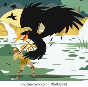 twelve labors mythology hercules heracles fighting against evil bird in swamp