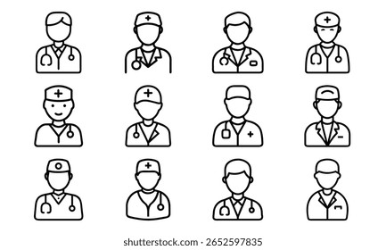Twelve line icons depicting doctors and medical professionals in various uniforms and attire for design purposes.
