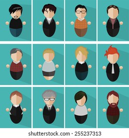 Twelve male icons oval on a blue background