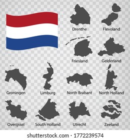 Twelve Maps  Provinces of Netherlands - alphabetical order with name. Every single map of  Province are listed and isolated with wordings and titles. Netherlands. EPS 10.