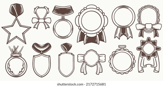 Twelve medals Hand drawn set medal drawing isolated on white background. Doodle medal and champion trophy cup Hand drawn award decorative elements.