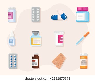 twelve medicines drugs set icons