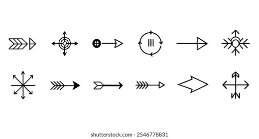 Doze símbolos de seta minimalistas projetados como ícones de arte de linha. Ilustra dicas direcionais, conceitos de movimento e elementos de navegação.