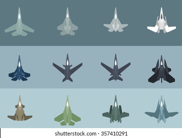Twelve modern and "futuristic" jet fighter aircraft designs in flat style, viewed from top.