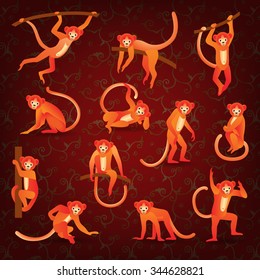Twelve Monkeys on red background. Vector illustration. Symbols of 2016 Chinese New Year.