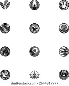 Doze ilustrações monocromáticas de aves e penas em quadros circulares.