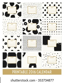 Twelve month 2016 calendar template. Hand drawn round brush strokes and doodles in black, gold and cream.