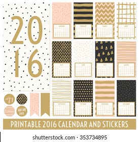 Twelve month 2016 calendar template. Hand drawn patterns in black, gold, pastel pink and cream. Matching round stickers and ribbons.