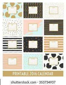 Twelve month 2016 calendar template. Hand drawn patterns in black, gold, pastel blue, pink and cream.