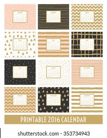 Twelve month 2016 calendar template. Hand drawn patterns in black, gold, pastel pink and cream.