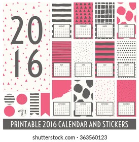 Twelve month 2016 calendar template. Hand drawn patterns in dark gray, pink and cream. Matching round stickers and ribbons.