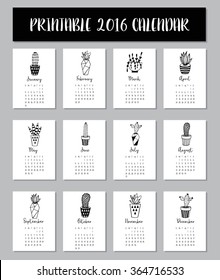 Twelve month 2016 calendar template with succulents and flowers. Vector illustration.