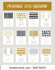 Twelve month 2016 calendar template with hand drawn textures. Vector illustration.