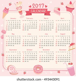 Twelve month of 2017 calendar template design.Strawberry flavor of bakery dessert and drink beverage for restaurant, cafe shop.Illustration vector in pink pastel background colors.