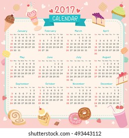 Twelve month of 2017 calendar template design.Sweet bakery dessert and drink beverage for restaurant, cafe shop.Illustration vector in pink pastel background colors.