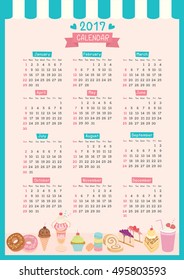Twelve month of 2017 calendar template design.Sweet bakery dessert and drink beverage for restaurant, cafe shop.Illustration vector vertical  in pink pastel background colors.