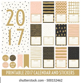 Twelve month 2017 calendar template. Hand drawn patterns in black, gold, pastel pink and cream. Matching round stickers and ribbons.