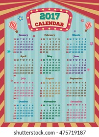 Twelve month calendar template for 2017 with retro carnival design theme background concept illustration vector.