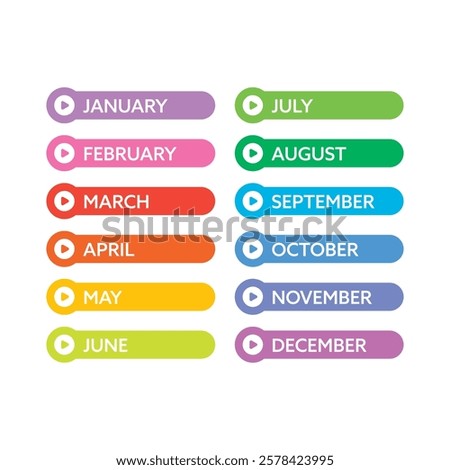 Twelve month names in colored buttons. twelve month names. 12 month names with arrow signs