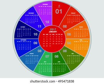 twelve months colorful circle calendar of year2017